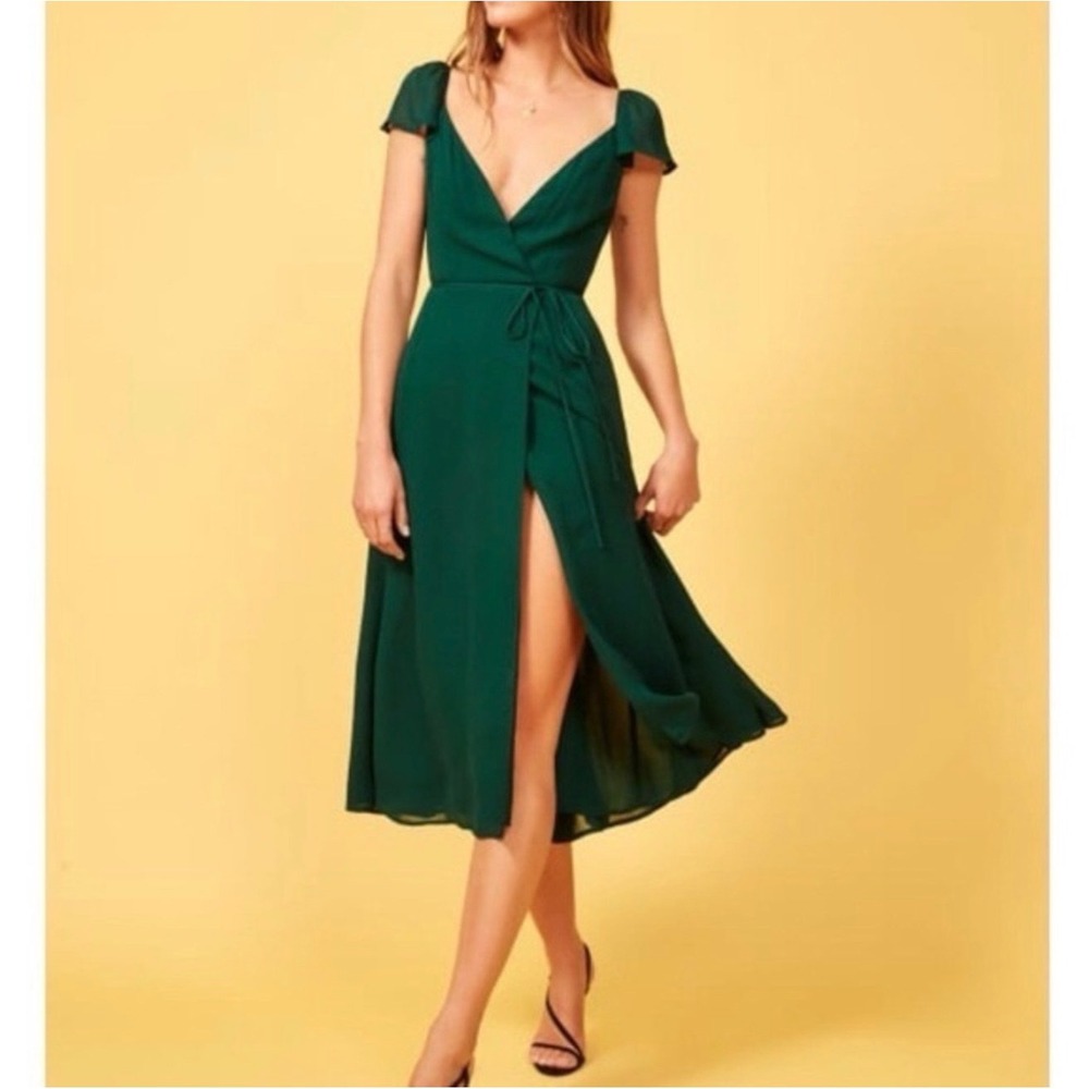 Reformation Piper Emerald Green Wrap Midi Dress Cap Sleeve V-Neck XS